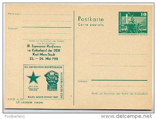 DDR P79-17-81 C151 Postkarte PRIVATER ZUDRUCK Esperanto-Konferenz Karl-Marx-Stadt 1981 - Private Postcards - Mint