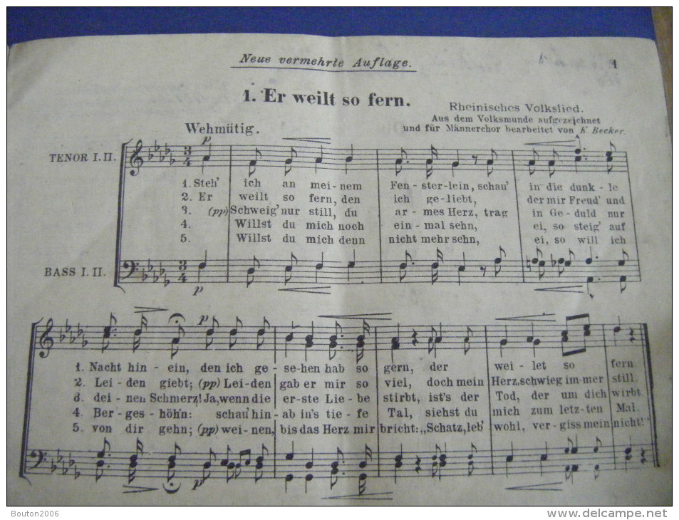 Livre De Chant Pour Chorale  4 Voies Masculine Rheinische Volkslieder L'Hopital - Partitions Musicales Anciennes