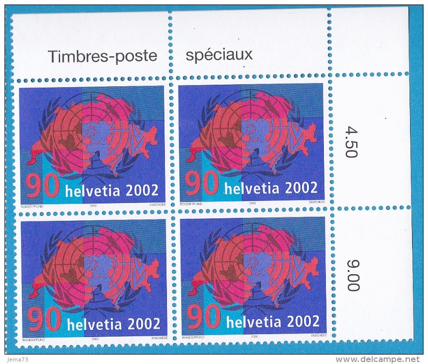 N° 1740 Adhésion De La Suisse à L´ONUEmblème De ONU Sur Carte Du Pays: Bloc De 4 Timbres - Unused Stamps
