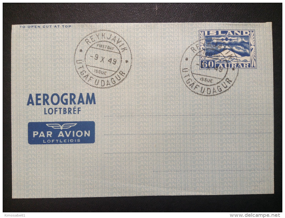 Iceland, 1949 Aerogram Used  -  CANCELLED FIRST DAY AEROGRAM REYKJAVIK UTGAF UDAGUR - Luchtpost