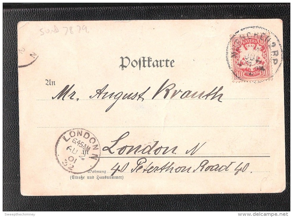 1901 LONDON POSTMARK + BAYERN STAMP BAVARIA STAMP MOENCHEN MUNICH POSTMARK  TO PETHERTON ROAD NORTH LONDON - Lettres & Documents