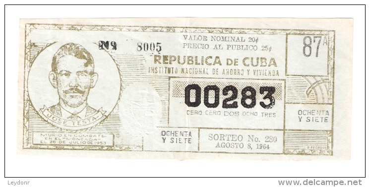 Republica De Cuba -  Jose Testa 1964 - Lottery Ticket - Lottery Tickets