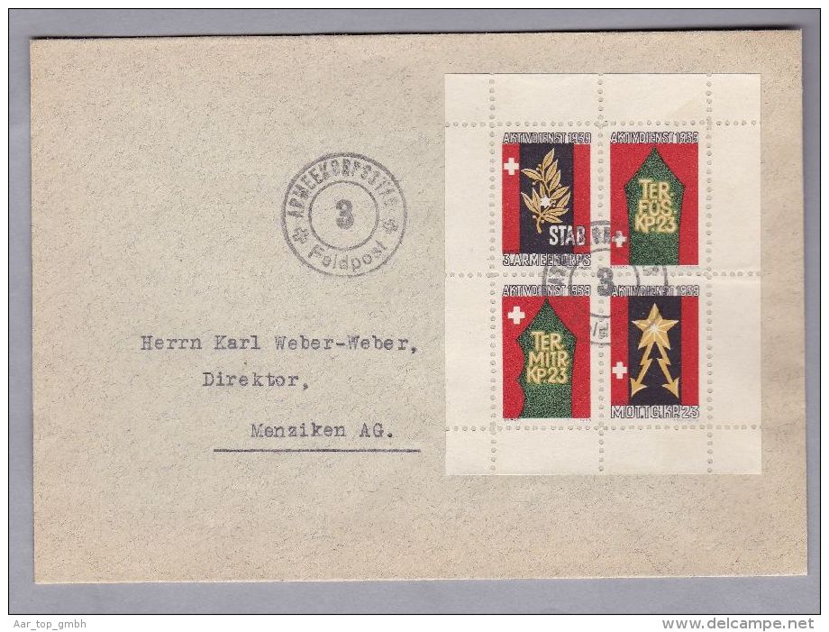 Schweiz Soldatenmarken II W.K. 1939 Brief  Block "3 Armeekorps" - Dokumente