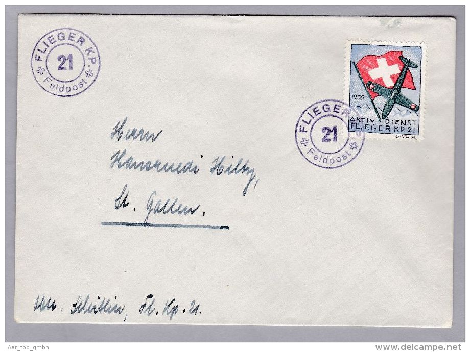 Schweiz Soldatenmarken II W.K. BRIEF  "FLIEGER KP.21" - Dokumente
