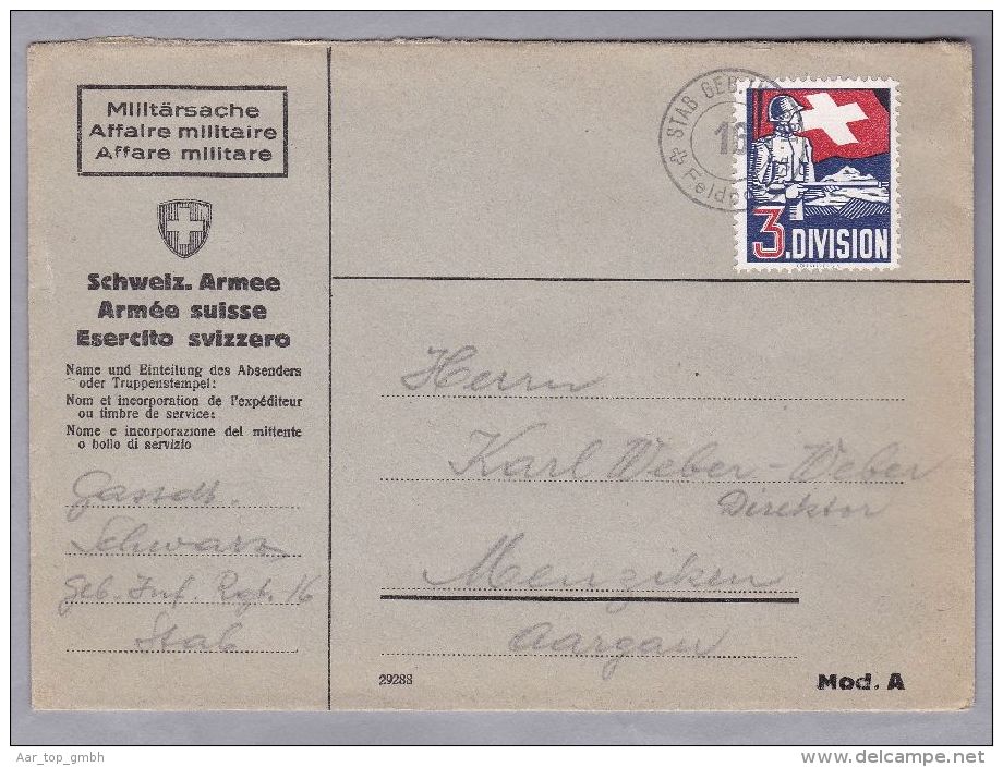 Schweiz Soldatenmarken II W.K. Brief "3 DIVISION" - Dokumente