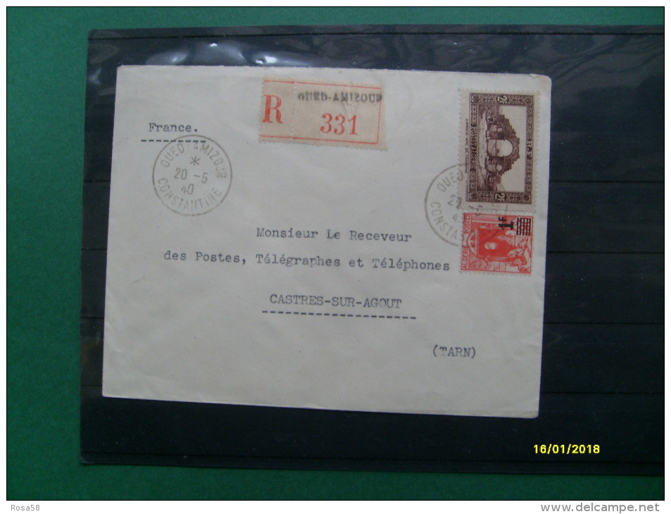 20.5.1940 Raccomandata  TARN Da Algeria Valore  F + 2F Monumenti - Briefe U. Dokumente