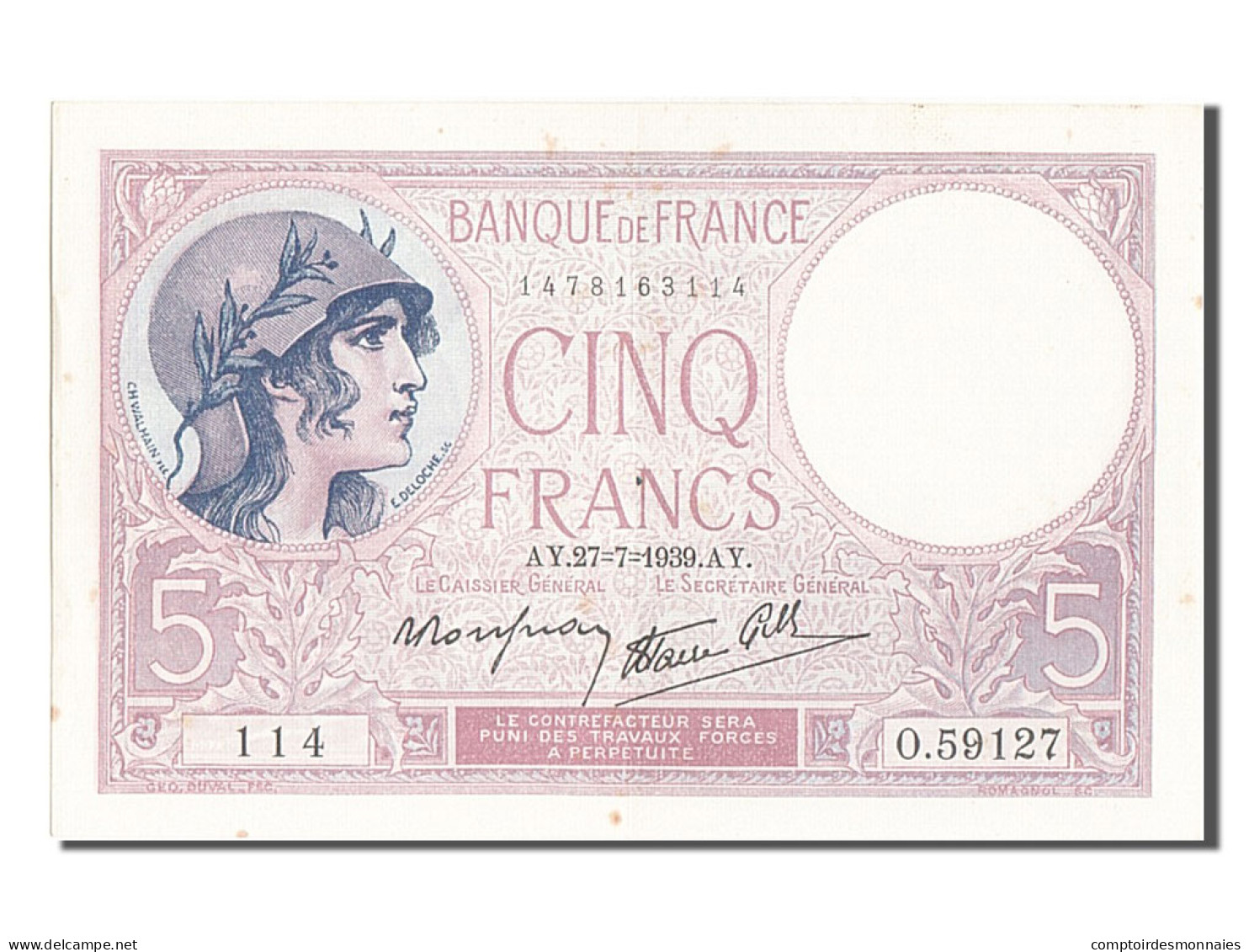 Billet, France, 5 Francs, 5 F 1917-1940 ''Violet'', 1939, 1939-07-27, SPL - 5 F 1917-1940 ''Violet''