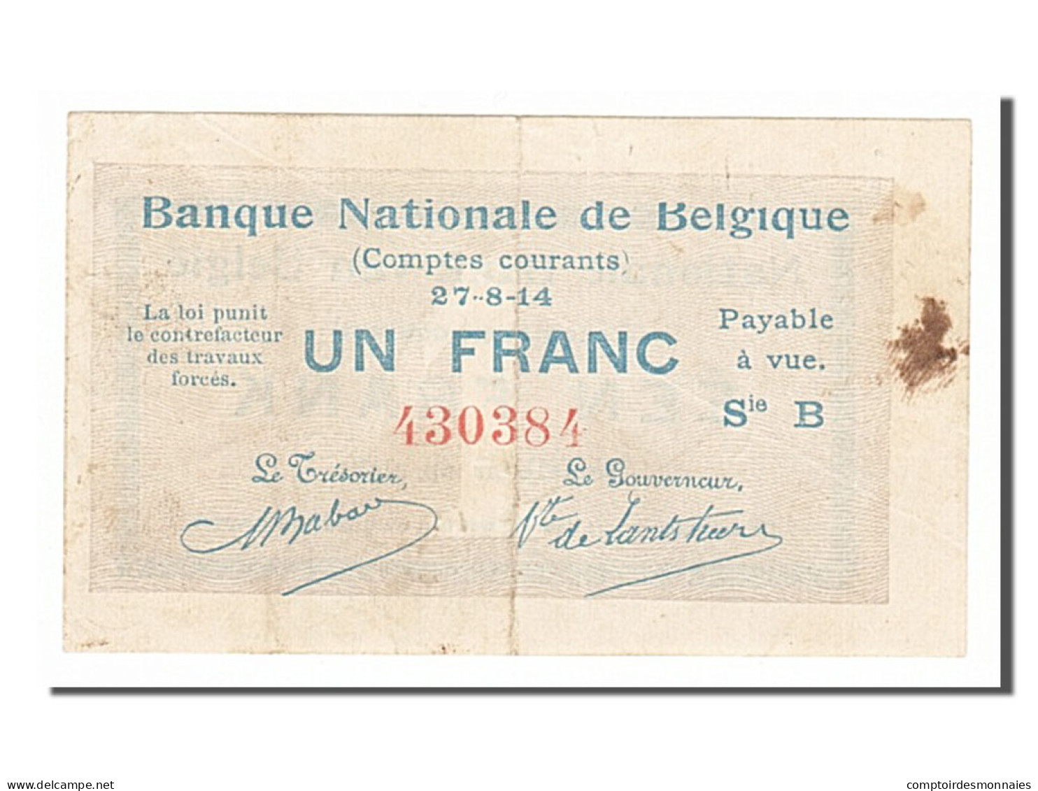 Billet, Belgique, 1 Franc, 1914, 1914-08-27, TTB+ - Andere & Zonder Classificatie