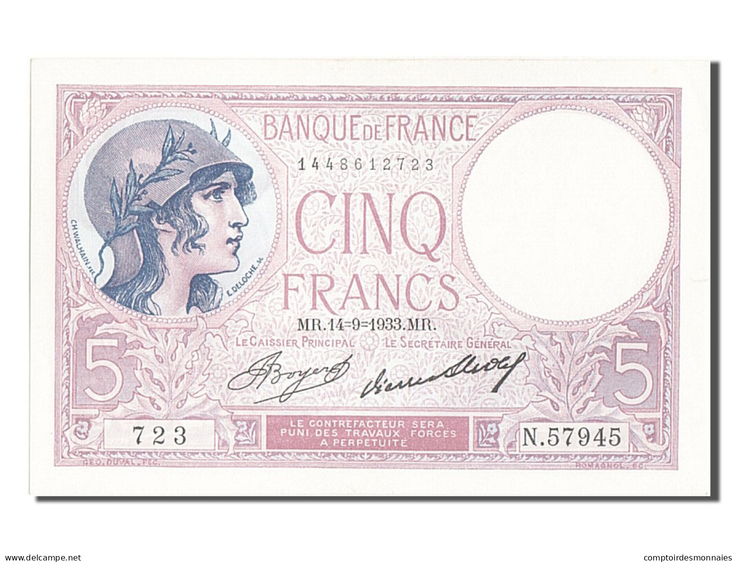 Billet, France, 5 Francs, 5 F 1917-1940 ''Violet'', 1933, 1933-09-14, SPL - 5 F 1917-1940 ''Violet''