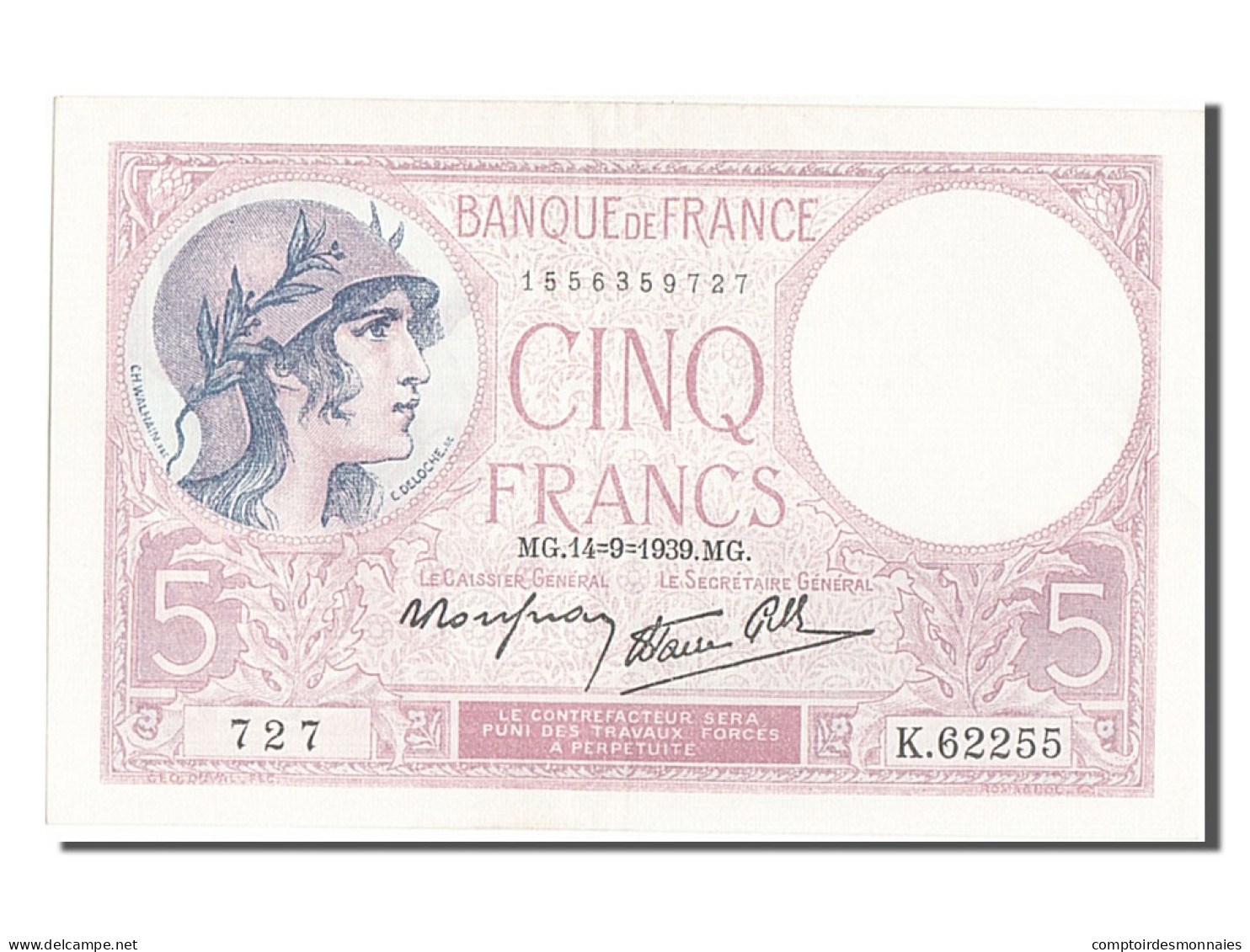 Billet, France, 5 Francs, 5 F 1917-1940 ''Violet'', 1939, 1939-09-14, SUP - 5 F 1917-1940 ''Violet''