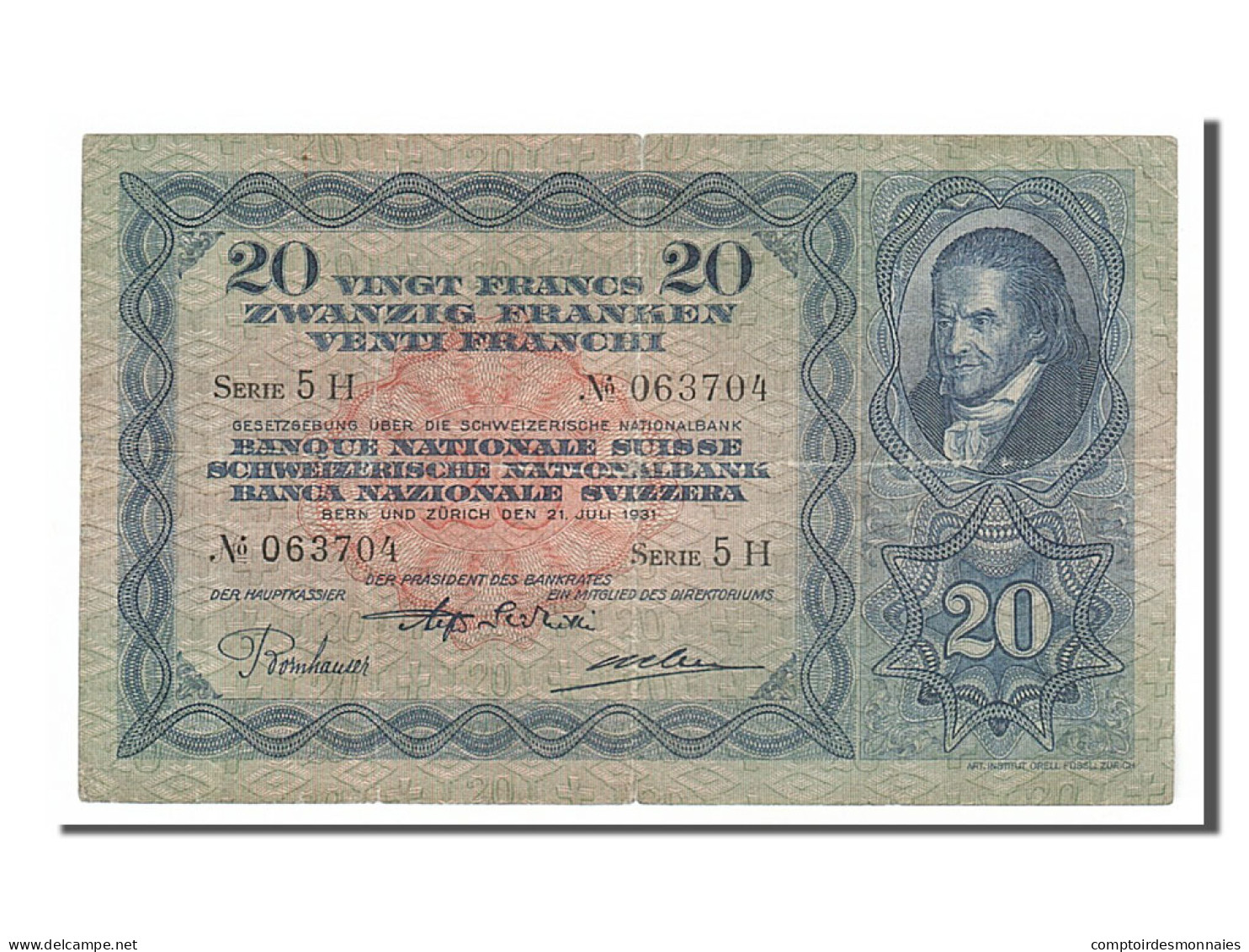 Billet, Suisse, 20 Franken, 1931, 1931-07-21, TTB - Zwitserland