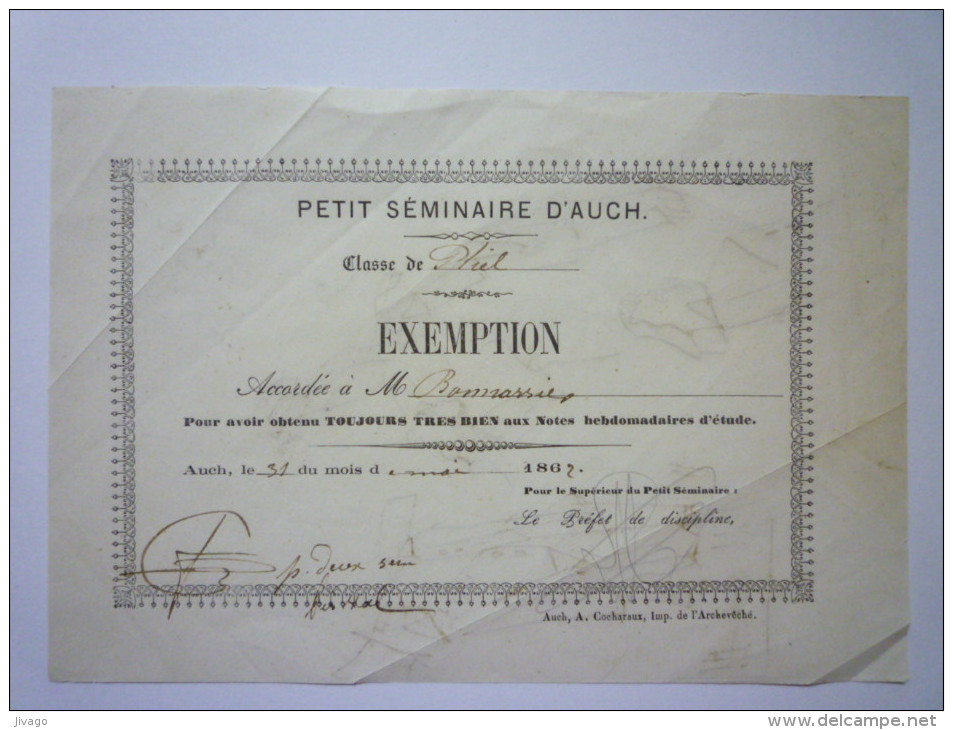 Petit Séminaire D´AUCH  (Gers)  :  BULLETIN  D´EXEMPTION   1862 - Diplômes & Bulletins Scolaires