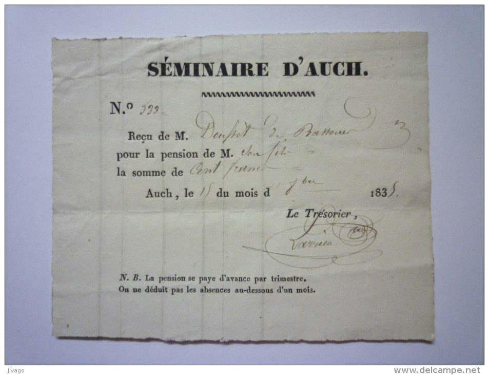 Séminaire  D´AUCH  :  Reçu Pour  PENSION   1835  (DOUSSET  ,  Bassoues) - Diplômes & Bulletins Scolaires