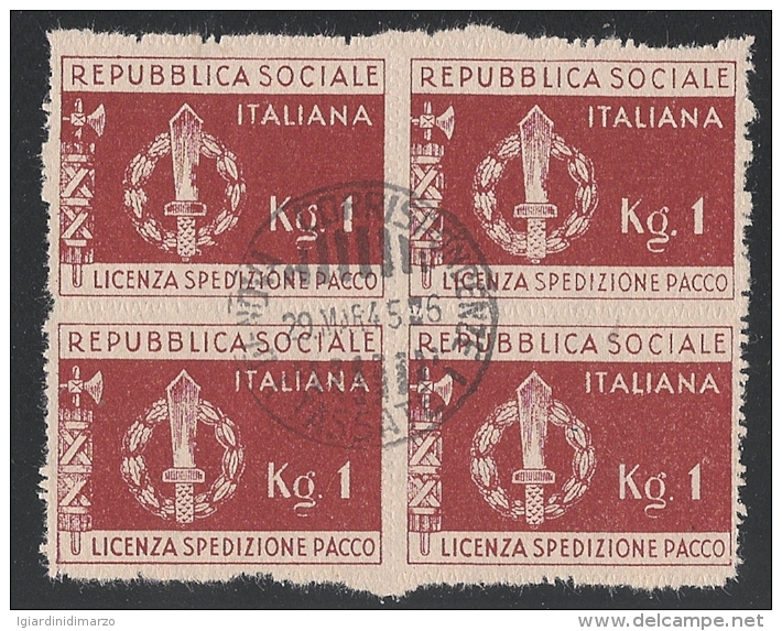 ITALIA R.S.I. - 1944 - Franchigia Militare: Quartina Usata Marca Del Valore Da 1 Kg. Bruno Rosso - In Buone Condizioni. - Paketmarken