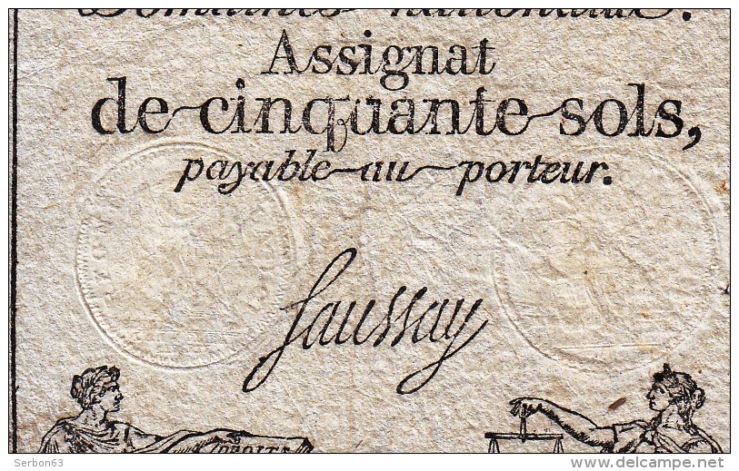 AUTHENTIQUE ASSIGNAT BEAUX TIMBRES SECS 50 SOLS SERIE 2402 FILIGRANE RF DANS UN CERCLE SAUSSAY LOI DU 23 MAI 1793 L'AN 2 - Assignate