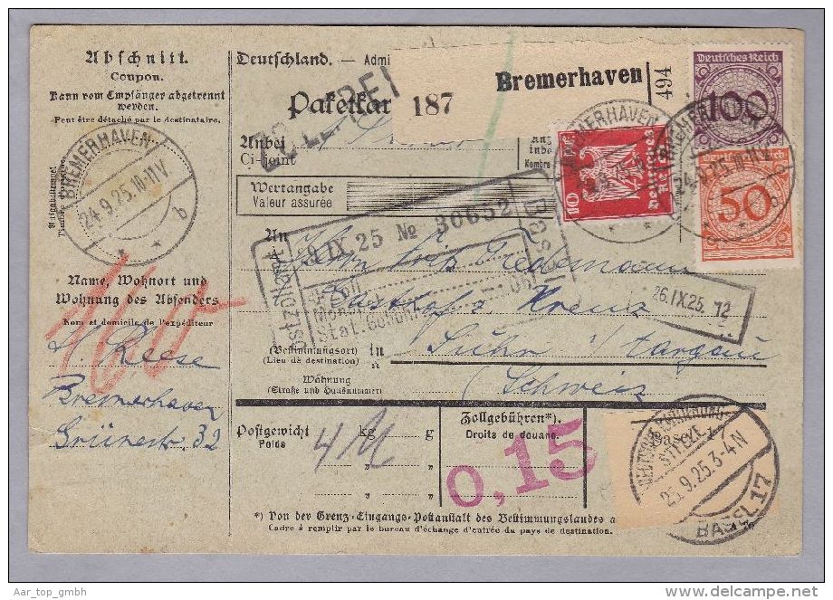 Heimat DE HB BREMERHAFEN 1925-09-24 Auf Paket-Karte Nach SUHR AG (CH) RM 1.60 - Briefe U. Dokumente