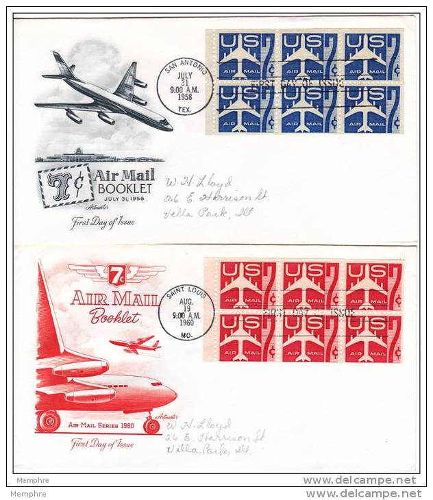1958-60  7¢  Air Mail Booklets FDCs Sc C51, 60  Complete Panes Of 6 - 1951-1960