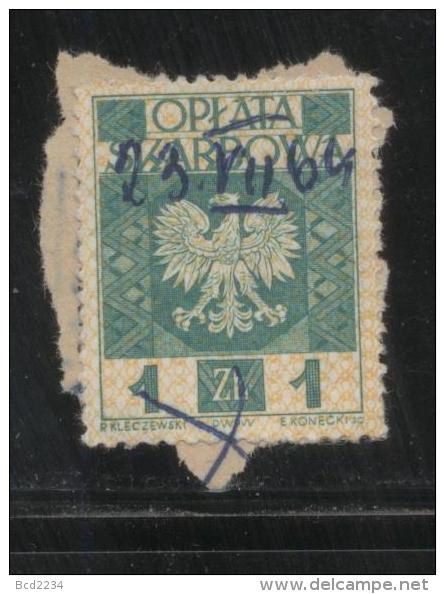 POLAND GENERAL DUTY REVENUE (OPLATA SKARBOWA) 1960 ENGRAVED EAGLE ON SHIELD WITH IMPRINT 1ZL GREEN USED BF#188 - Revenue Stamps