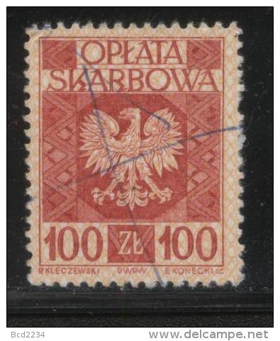 POLAND GENERAL DUTY REVENUE (OPLATA SKARBOWA) 1960 ENGRAVED EAGLE ON SHIELD WITH IMPRINT 100ZL RED USED BF#194 - Revenue Stamps