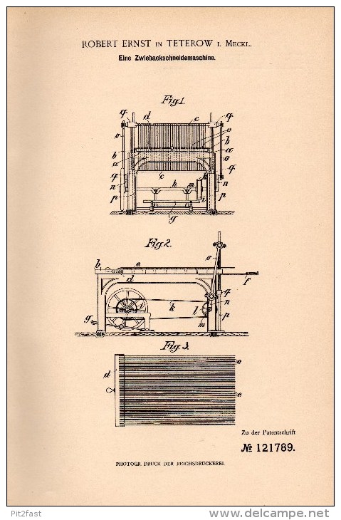 Original Patentschrift - Robert Ernst In Teterow I. Mecklenburg , 1900 , Zwieback - Schneidemaschine , Bäckerei , Bäcker - Maschinen