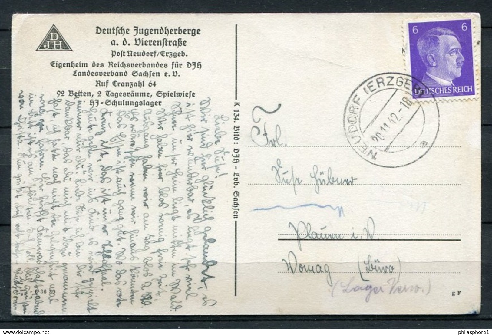 (0889) Neudorf / Erzgeb. / Deutsche Jugendherberge A. D. Vierenstraße - Gel. 1942 - K 134.  G F - Sehmatal