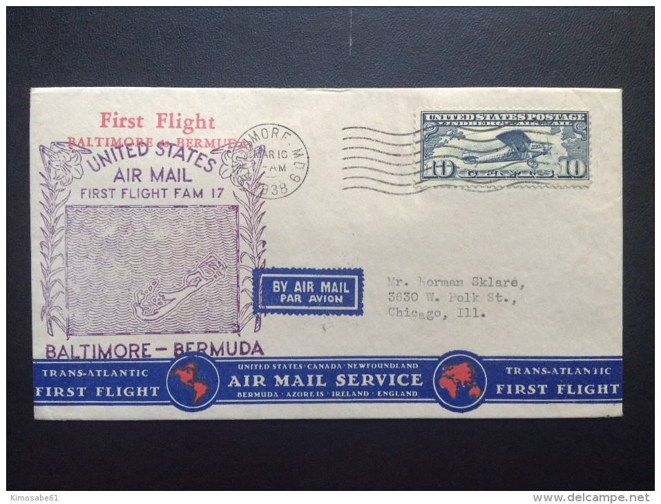 US, 1938 FDC - US Air Mail First Flight, Baltimore To Bermuda - 1851-1940