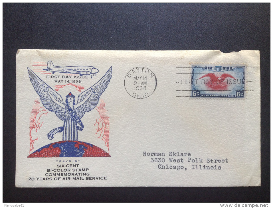 US, 1938 FDC - Six-Cent Bi-Color Stamp Commemorating 20 Years Of Air Mail Service First Day Issue - 1851-1940
