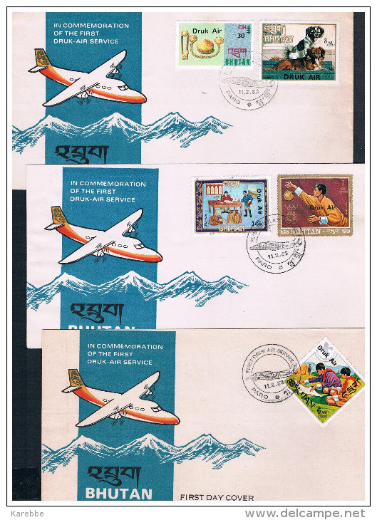 Bhutan Scout Pfadfinder Flugpost First Druk Air Service 3 FDC Mit Aufdruckmarken 807/11 - Bhutan