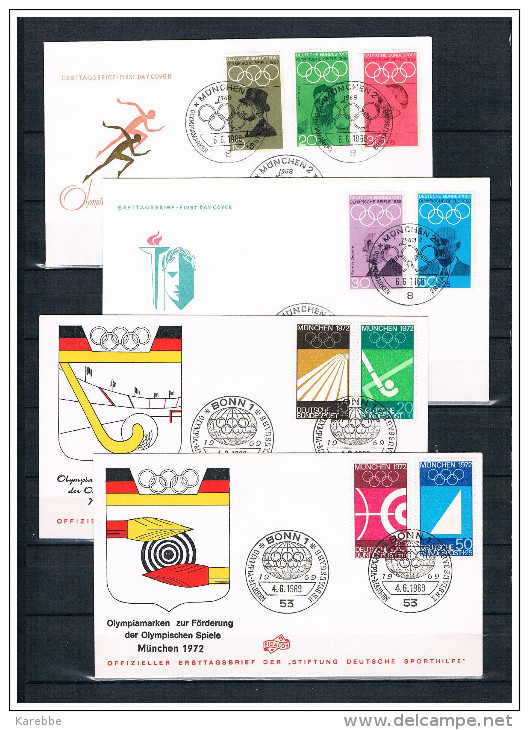 Olympiade 1972 München 4 Herrliche FDC 1968 + 1969 Coubertin Ersttagsstempel München Und Bonn Bund FDC - Autres & Non Classés