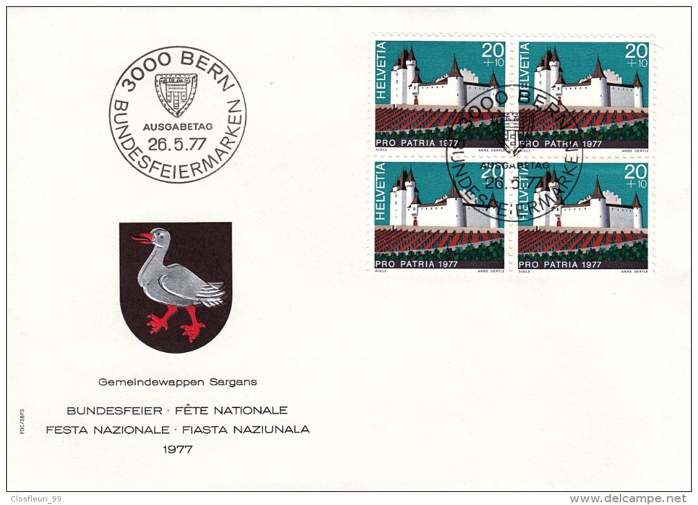 Quatre (4) Lettres En Bloc De Quatre FDC De Châteaux Pro Patria De 1977. Cote 26,00 CHF - Covers & Documents