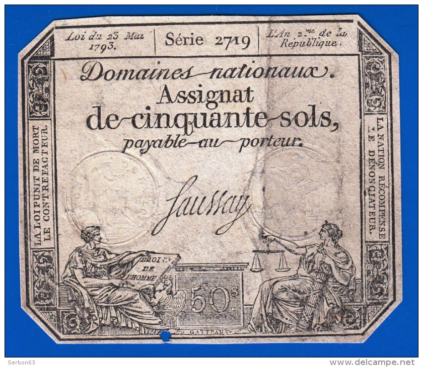 AUTHENTIQUE ASSIGNAT DEUX TIMBRES SECS 50 SOLS SERIE 2719 FILIGRANE RF DANS UN CERCLE SAUSSAY LOI DU 23 MAI 1793 L'AN 2 - Assignats