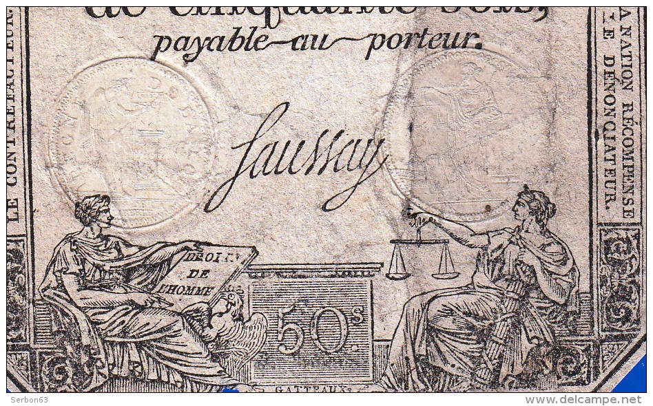 AUTHENTIQUE ASSIGNAT DEUX TIMBRES SECS 50 SOLS SERIE 2719 FILIGRANE RF DANS UN CERCLE SAUSSAY LOI DU 23 MAI 1793 L'AN 2 - Assignats