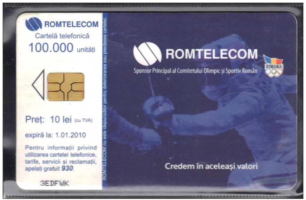 Romania, Phonecard, Romtelecom, Sport, Olympics, Fencing, Fair-play, 10lei, Exp. 2008 - Sport