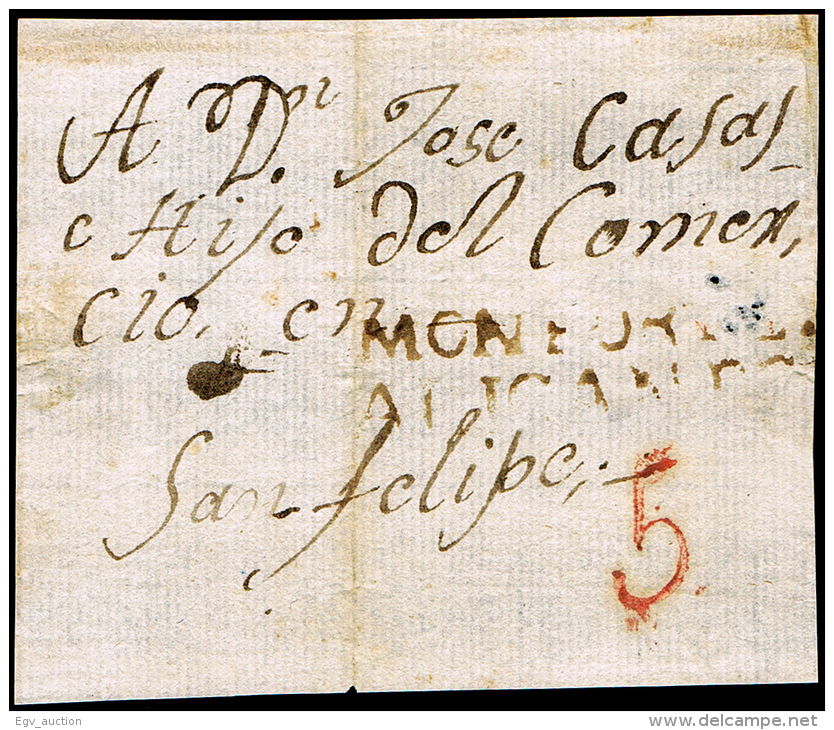 ALICANTE PREF. - MONFORTE 1R - FRONTAL CIRC. A S. FELIPE - PORTEO 5 - ...-1850 Prephilately