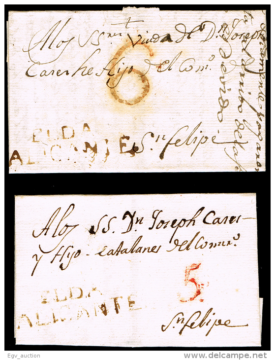 ALICANTE PREF. - ELDA P.E. 1N - CONJUNTO 2 CARTAS CIRC. A JATIVA - PORTEO 5 Y 6 - ...-1850 Prephilately
