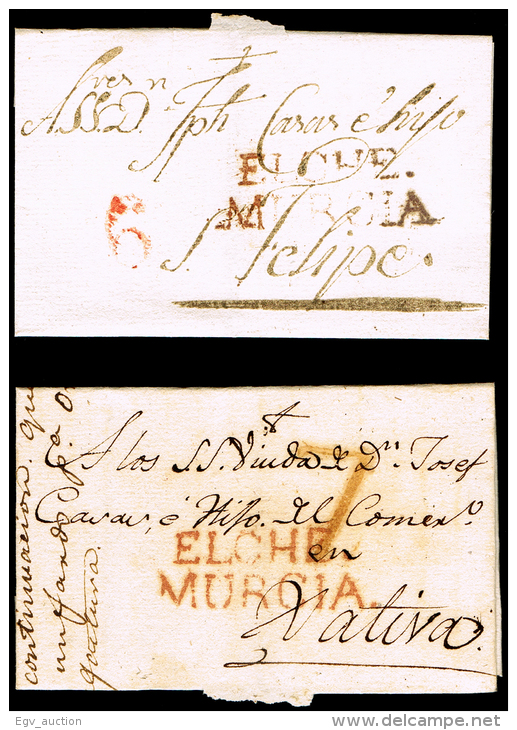 ALICANTE PREF. - ELCHE P.E. 4 - CONJUNTO 2 CARTAS CIRC. A JATIVA - PORTEO 6 Y 7 - ...-1850 Vorphilatelie