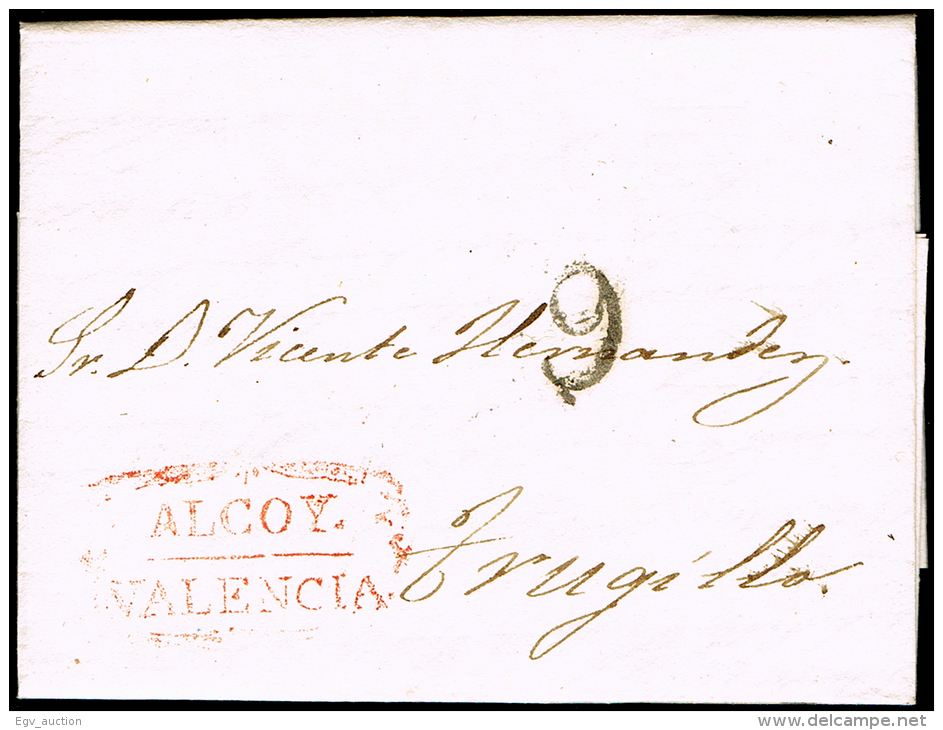 ALICANTE PREF. - ALCOY P.E. 4 R - CARTA CIRC. A TRUJILLO 1842 - PORTEO 9 - ...-1850 Prefilatelia