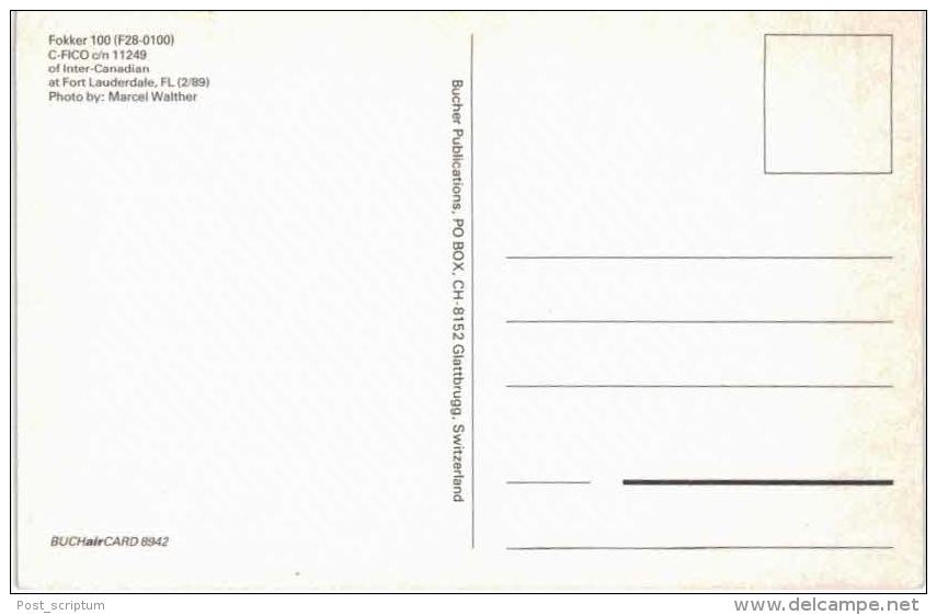 Thème -  Avion - BuchairCard 8942 - Fokker 100 - Inter Canadian - Fort Lauderdale 1989-  Format 8.5*13.5  Cm - 1946-....: Moderne