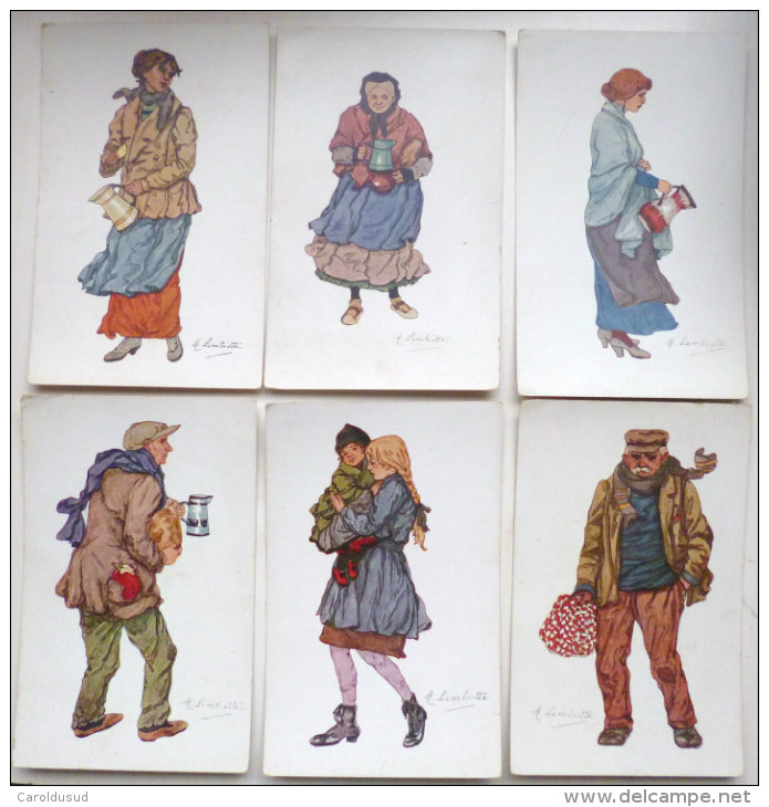 Cpa Lot 6x Litho Illustrateur M. LAMBIOTTE Femme Fille Cruche Homme Costume BRUXELLES Types Vus Hiver Guerre 1914 -1915 - Colecciones Y Lotes