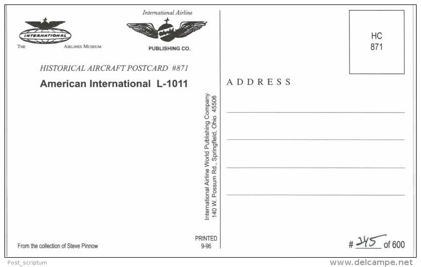 Thème -  Avion - Historical Aircraft Postcard 871 - American International L 1011 -  Format 8.5*13.5  Cm - - 1946-....: Modern Era