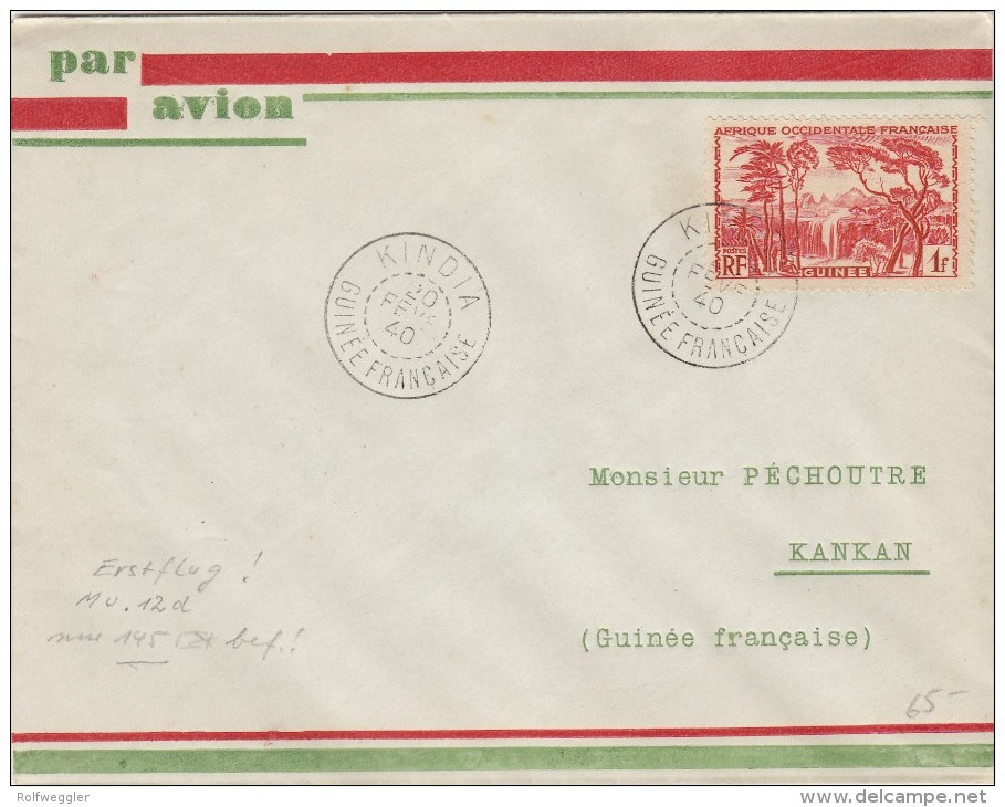 A.E.F. Guinée - Brief Von Kindia 20.02.40 Nach KANKAN - Seltener Erstflug - - Lettres & Documents