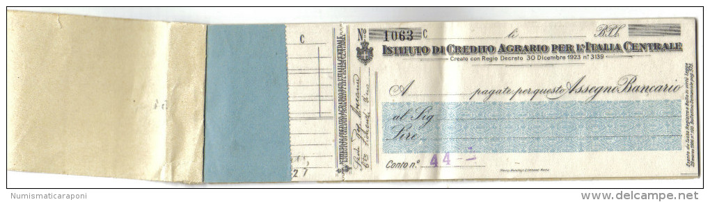 ISTITUTO DI CREDITO AGRARIO PER L'ITALIA CENTRALE BLOCCHETTO ASSEGNI QUASI COMPLETO 1923  C.1206 - Cheques & Traveler's Cheques