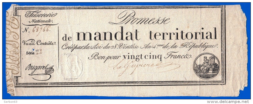 AUTHENTIQUE ASSIGNAT PROMESSE DE MANDAT TERRITORIAL FILIGRANE DEUX TIMBRES SEC ET HUMIDE 25 FRANC SERIE 22 N° 68766 - Assignats & Mandats Territoriaux