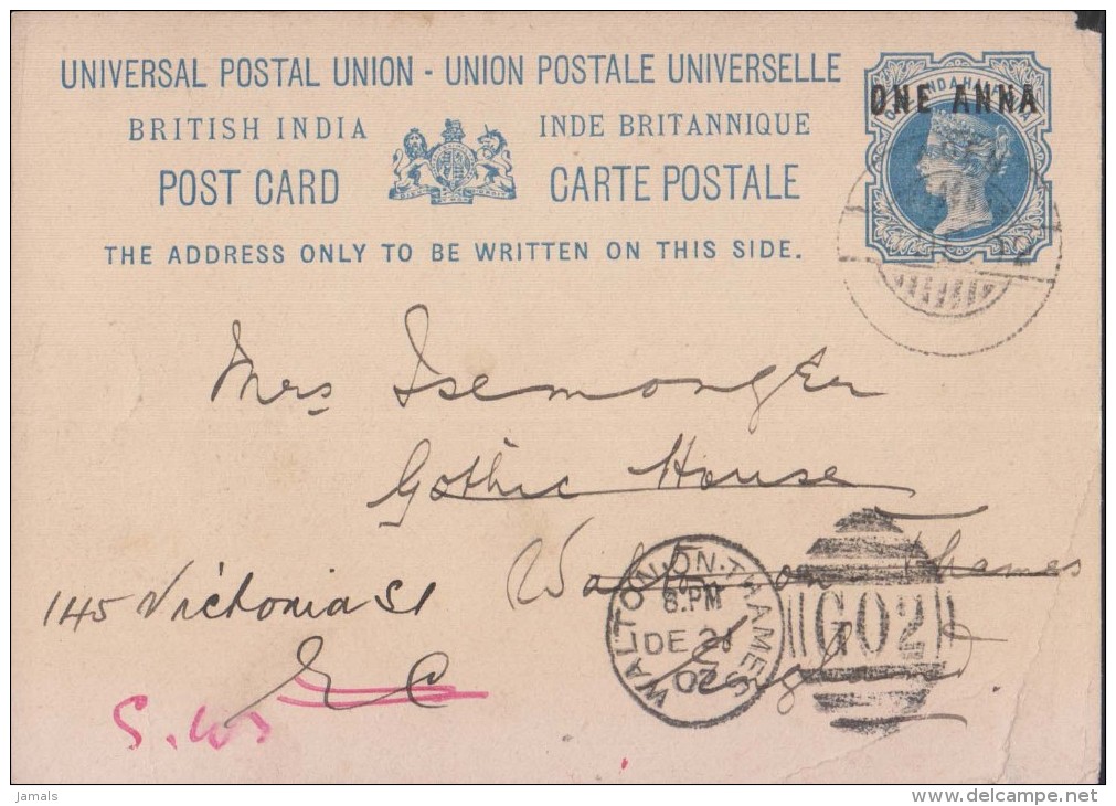 Br India Queen Victoria, UPU Postal Card Used In ADEN, G02 Postmark, Sent To England, Inde Indien Condition As Scan - 1882-1901 Empire