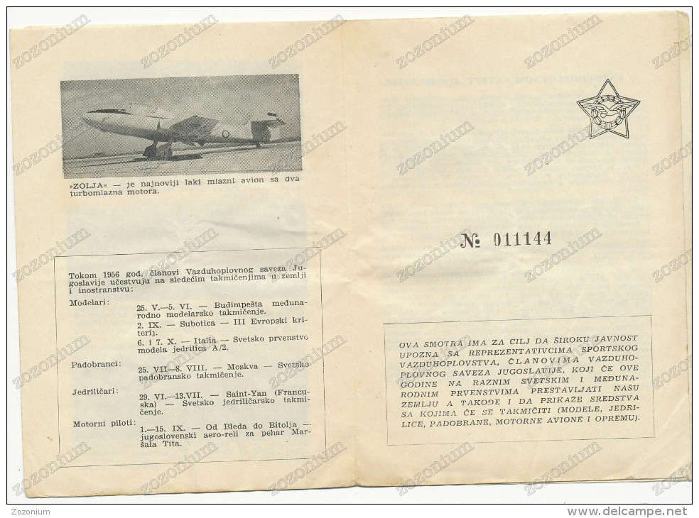 Vazduhoplovni Savez Jugoslavije - Program Smotre Zemun 1956,Air Show, Salon De L´aéronautique, Yugoslavia,program - Aviation