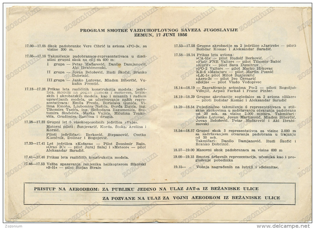 Vazduhoplovni Savez Jugoslavije - Program Smotre Zemun 1956,Air show, Salon de l´aéronautique, Yugoslavia,program