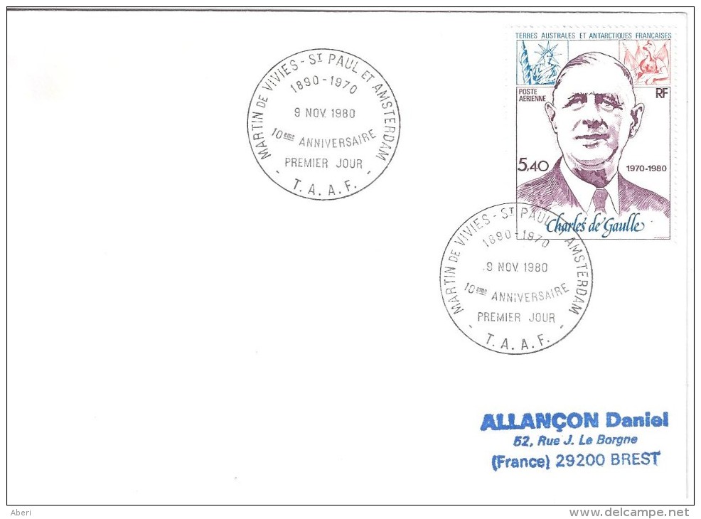 10098  FDC  Charles De GAULLE - St PAUL&AMSTERDAM - 9 Novembre 1980 - FDC