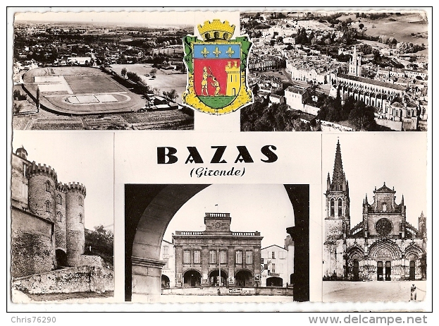 CPSM 33 BAZAS Multivues Vue Aérienne Terrain De Sports Cathédrale Blason Années 1960 - Bazas