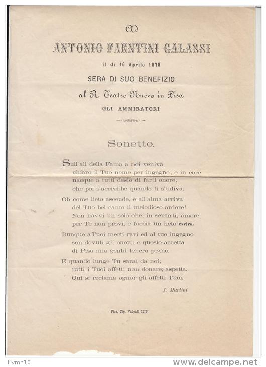 DE25-1878 PISA TEATRO NUOVO Volantino-SONETTO Dedicato A ANTONIO FAENTINI GALASSI, Per SERATA BENEFICIENZA Suo Benefizio - Plakate