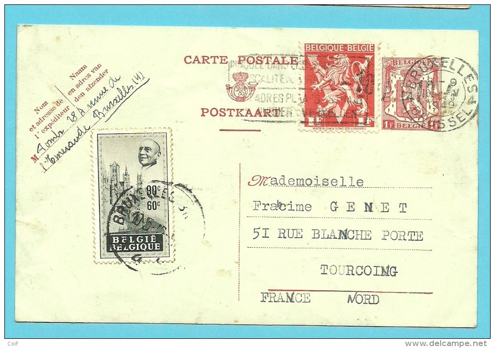 724u+782 (timbre Surtaxe / Toeslagzegel) Op Entier (-10%) Met Stempel BRUXELLES Naar Tourcoing (France) - 1946 -10%